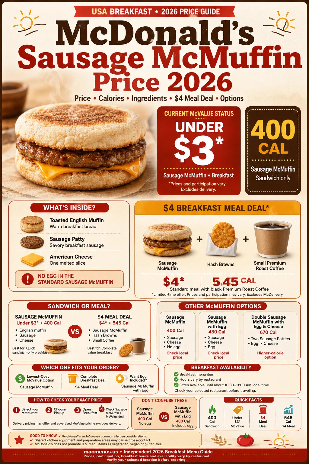McDonald’s Sausage McMuffin price 2026 infographic showing Under $3 status, 400 calories and $4 breakfast meal