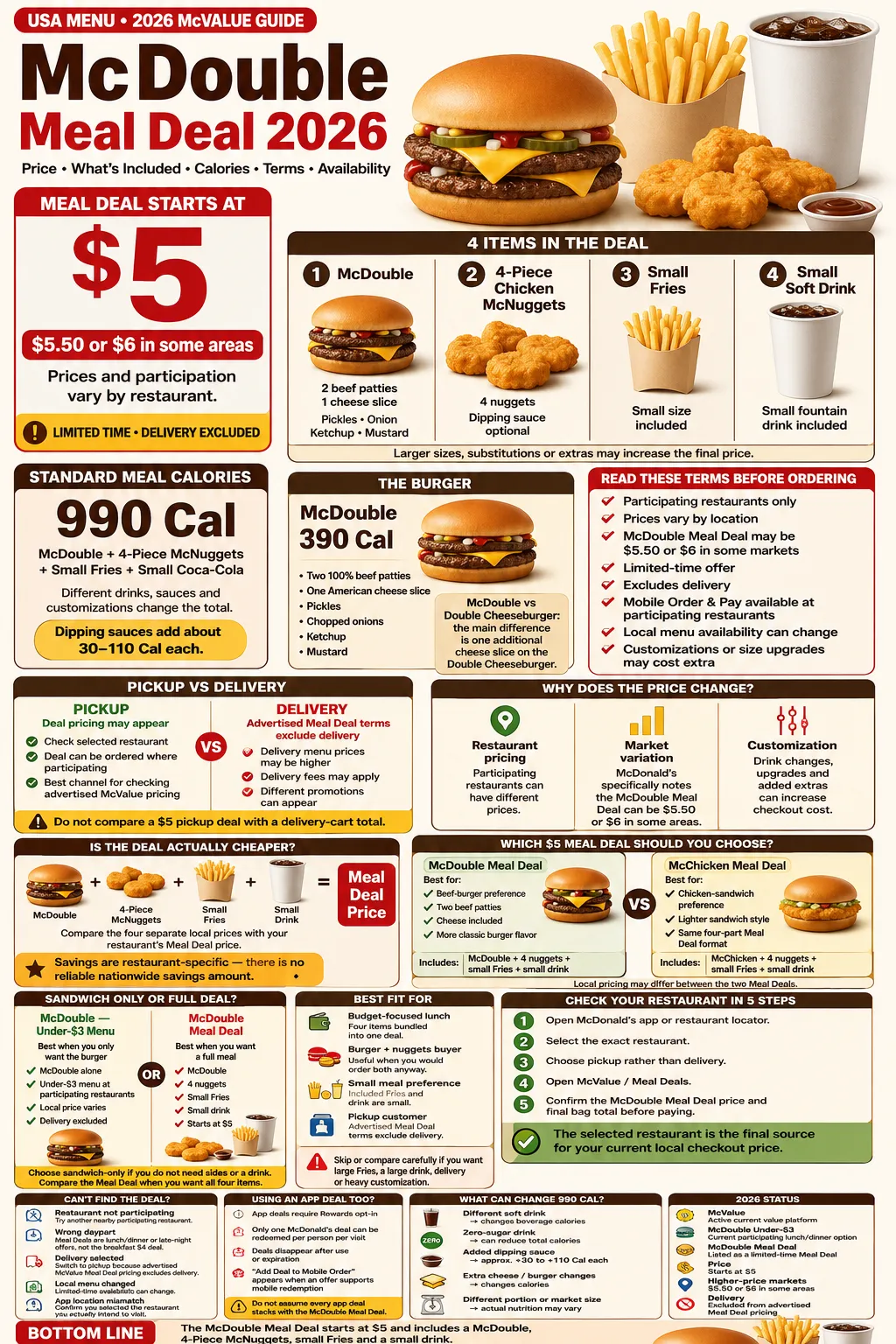 McDonald’s McDouble Meal Deal 2026 price calories included items and availability infographic