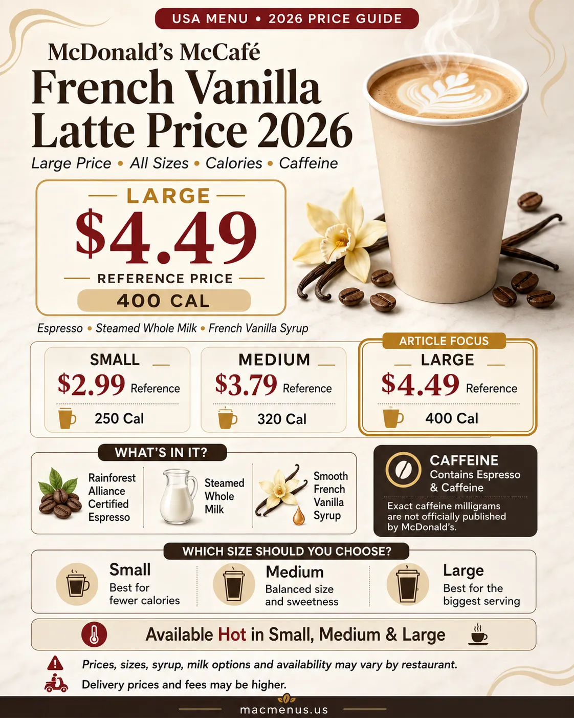 McDonald’s McCafé French Vanilla Latte Small, Medium and Large reference prices, calories and caffeine guide for 2026