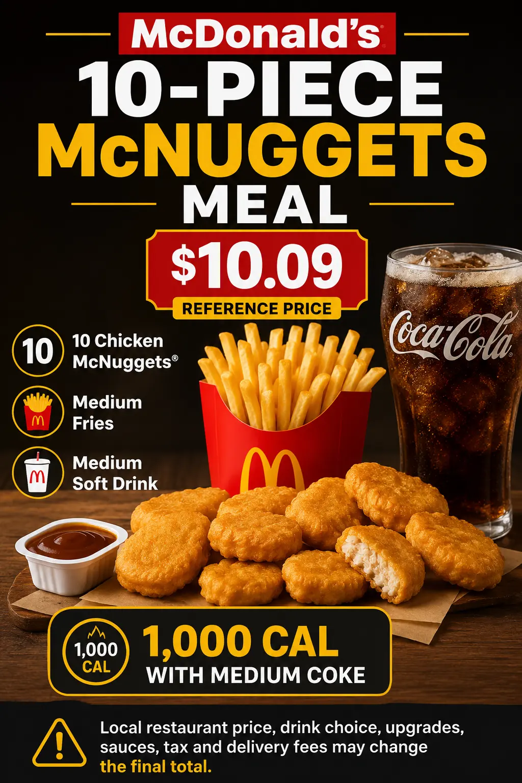McDonald’s 10 Piece Chicken McNuggets Meal price infographic showing reference price, calories, and included items