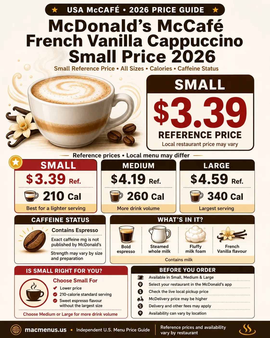 McDonald’s French Vanilla Cappuccino Small 2026 reference price with Small, Medium and Large calories, ingredients and caffeine information