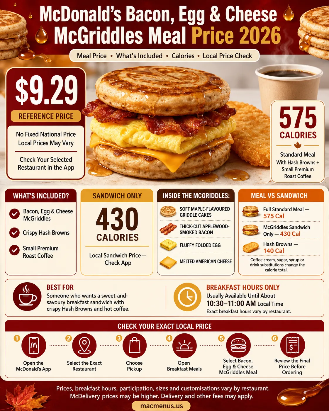 McDonald’s Bacon Egg and Cheese McGriddles Meal with Hash Browns, small coffee, $9.29 reference price and 575 calories