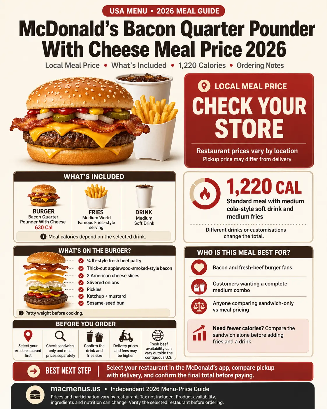 McDonald’s Bacon Quarter Pounder With Cheese Meal price 2026 infographic showing the bacon burger, medium fries, drink and 1,220 calories