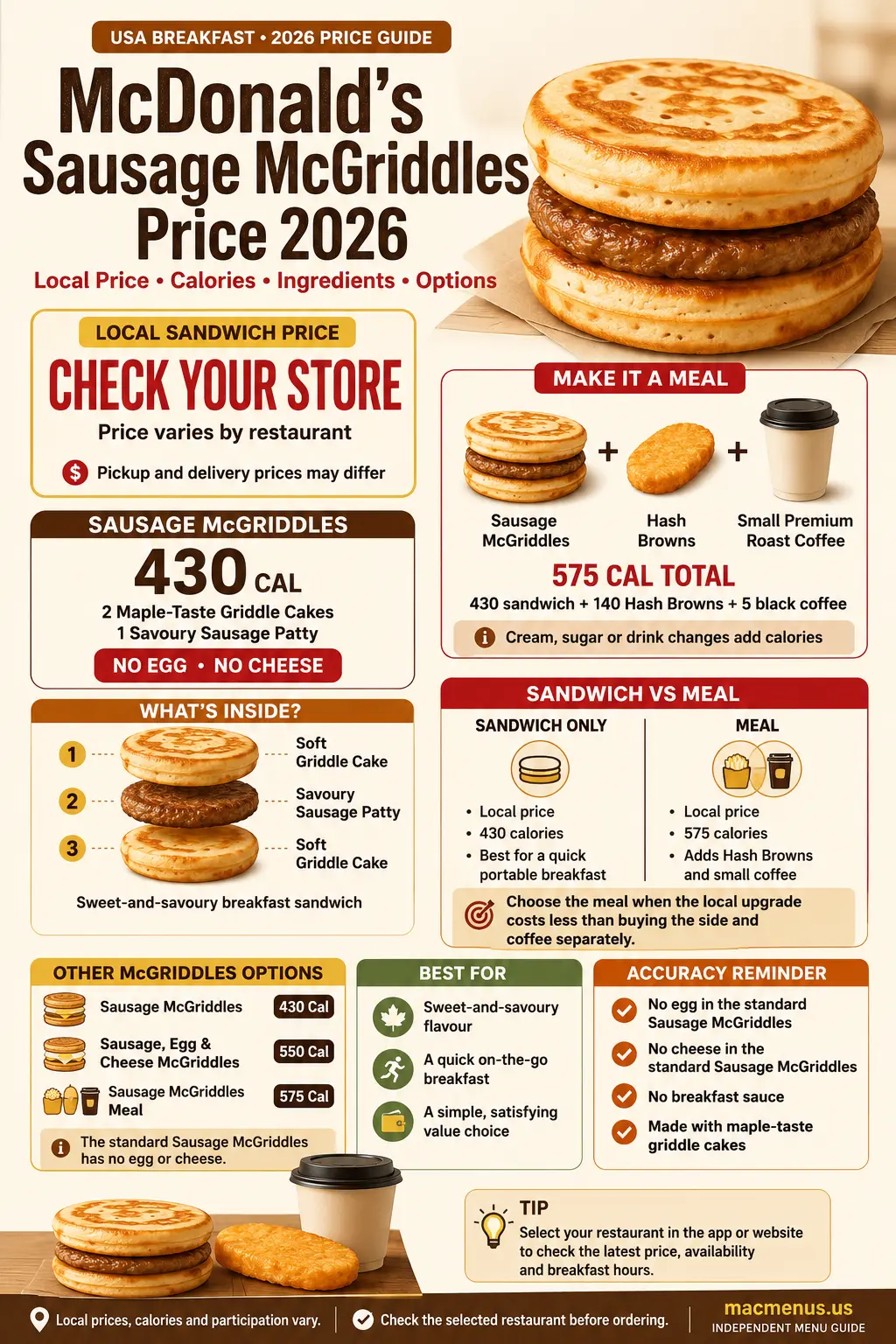 McDonald’s Sausage McGriddles price 2026 infographic showing the 430-calorie sandwich, 575-calorie meal and ingredients