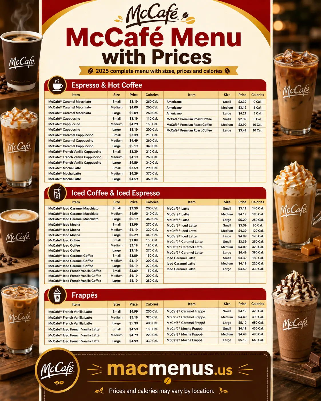 McCafé menu with prices reference chart for hot coffee, iced espresso drinks and Frappés