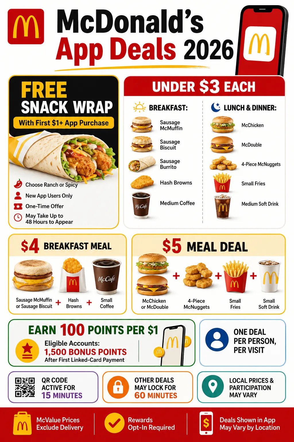 McDonald's app deals 2026 infographic showing a free Snack Wrap, Under-$3 menu, $4 breakfast deal, $5 meal deal and Rewards points
