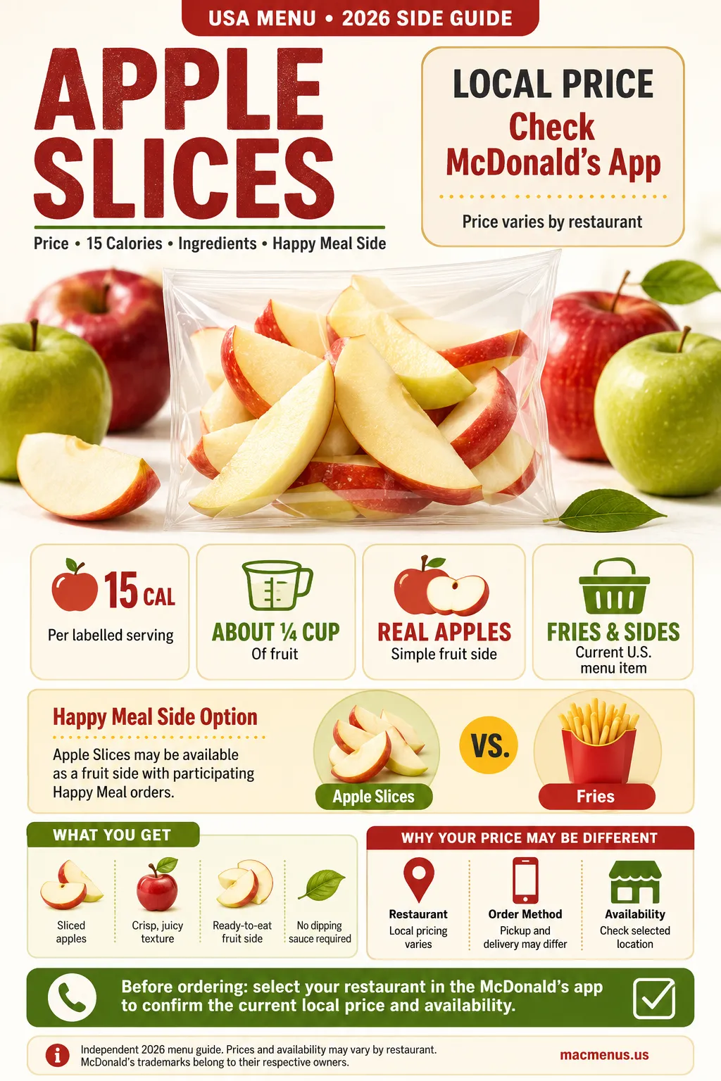 McDonald's Apple Slices price 2026 guide with 15 calories, nutrition facts and Happy Meal side details