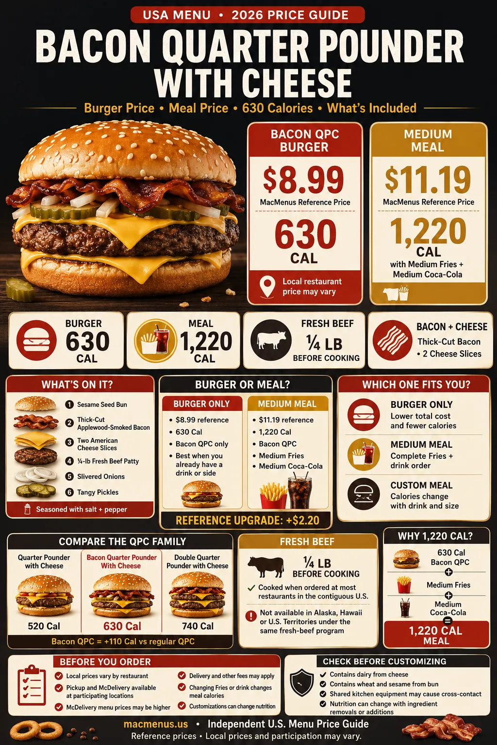 McDonald’s Bacon Quarter Pounder with Cheese price 2026 infographic showing burger and meal prices, 630 calories and meal calories