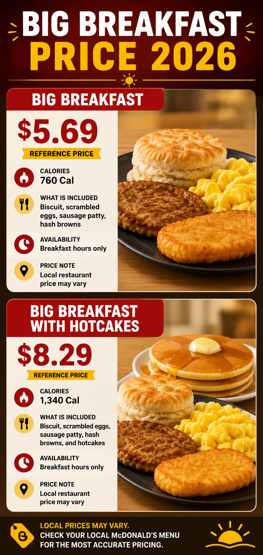 McDonald’s Big Breakfast price 2026 comparison with regular Big Breakfast and Big Breakfast with Hotcakes prices, calories and included items