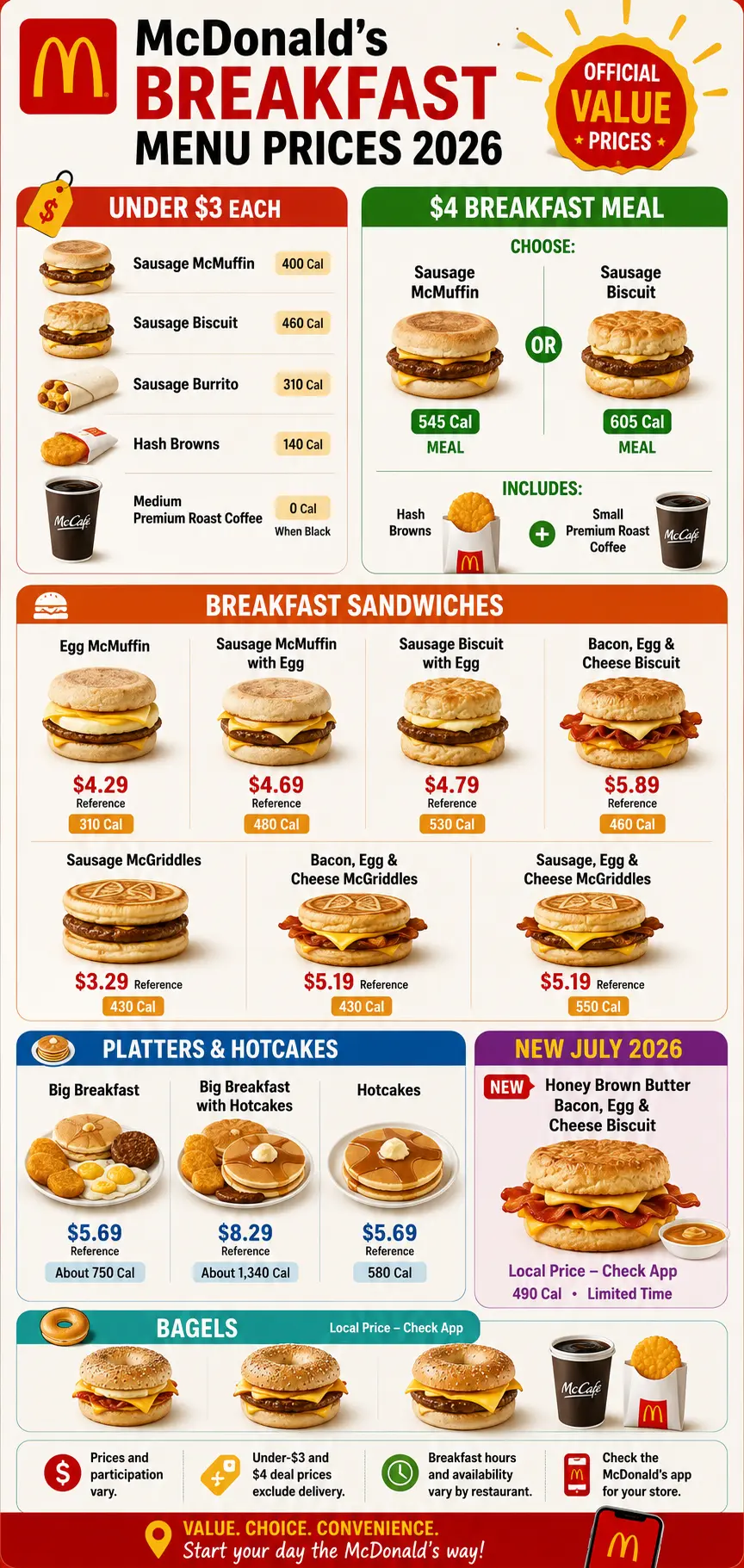 McDonald's breakfast menu prices 2026 infographic with Under-$3 items, $4 meal deals, sandwiches, platters and calories