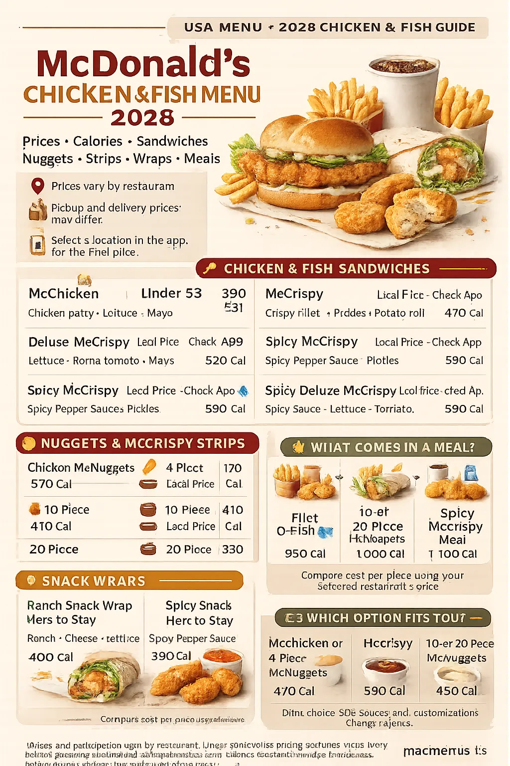 McDonald’s chicken and fish menu 2026 comparison with sandwiches, nuggets, strips, wraps, meals, prices and calories
