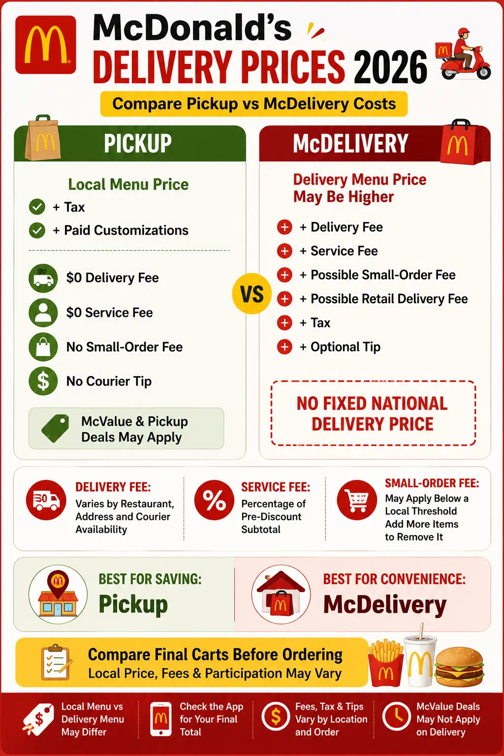 McDonald’s delivery prices 2026 comparison showing pickup costs versus McDelivery menu prices and fees