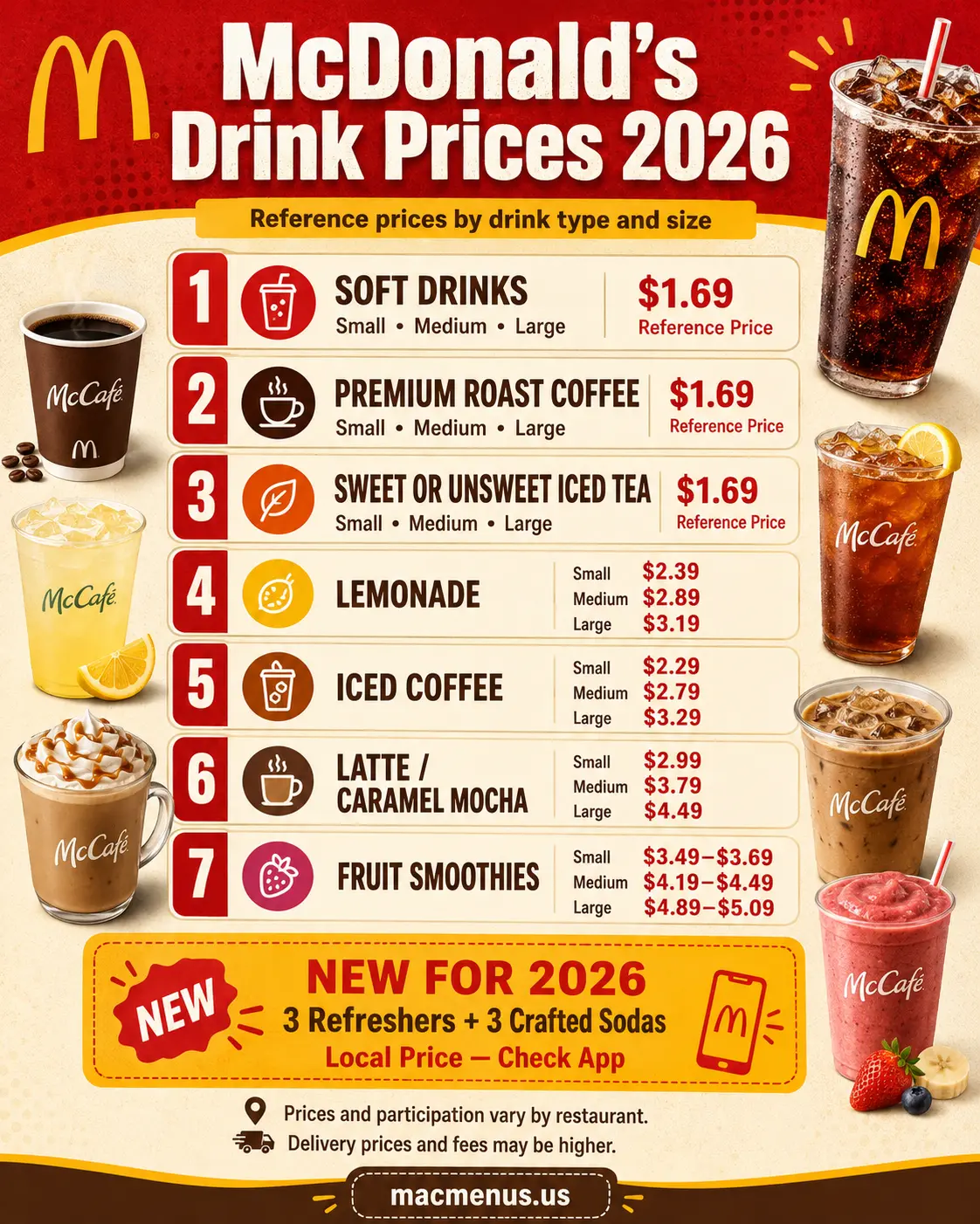 McDonald's drink prices 2026 infographic comparing soft drinks, coffee, tea, lemonade, iced coffee, lattes and smoothie reference prices by size