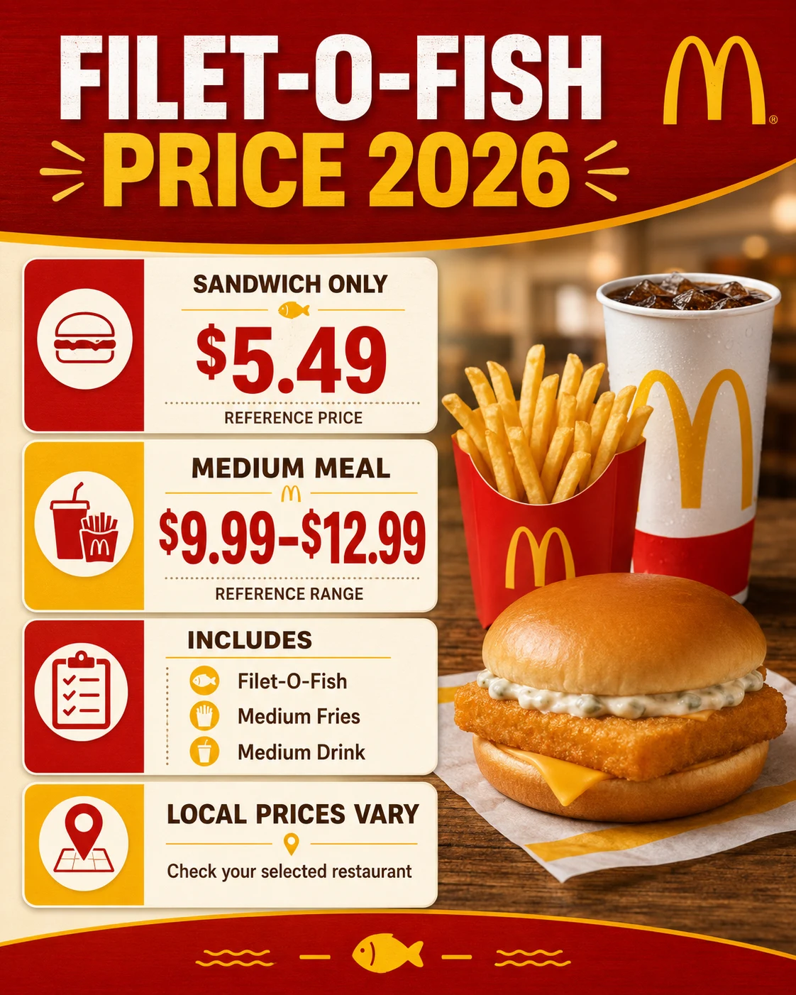 Filet-O-Fish price 2026 showing sandwich and medium meal reference prices