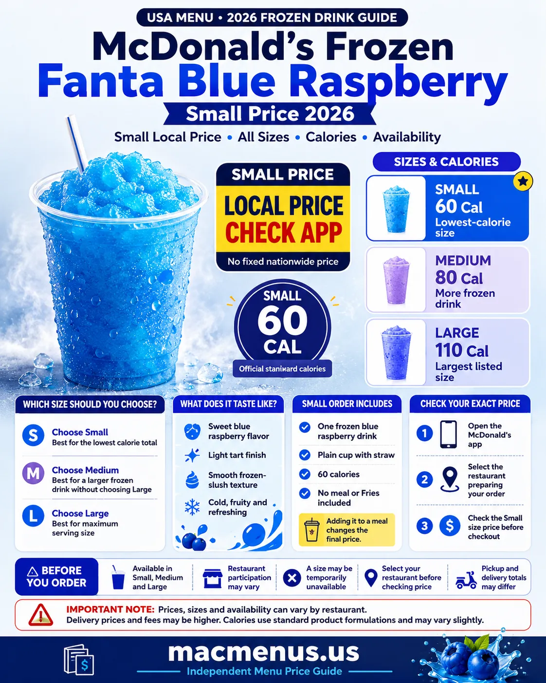 McDonald’s Frozen Fanta Blue Raspberry Small Price 2026 infographic showing local price check, sizes and calories