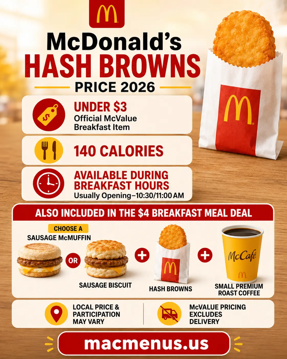 McDonald’s Hash Browns price 2026 with calories, breakfast hours and McValue deal details