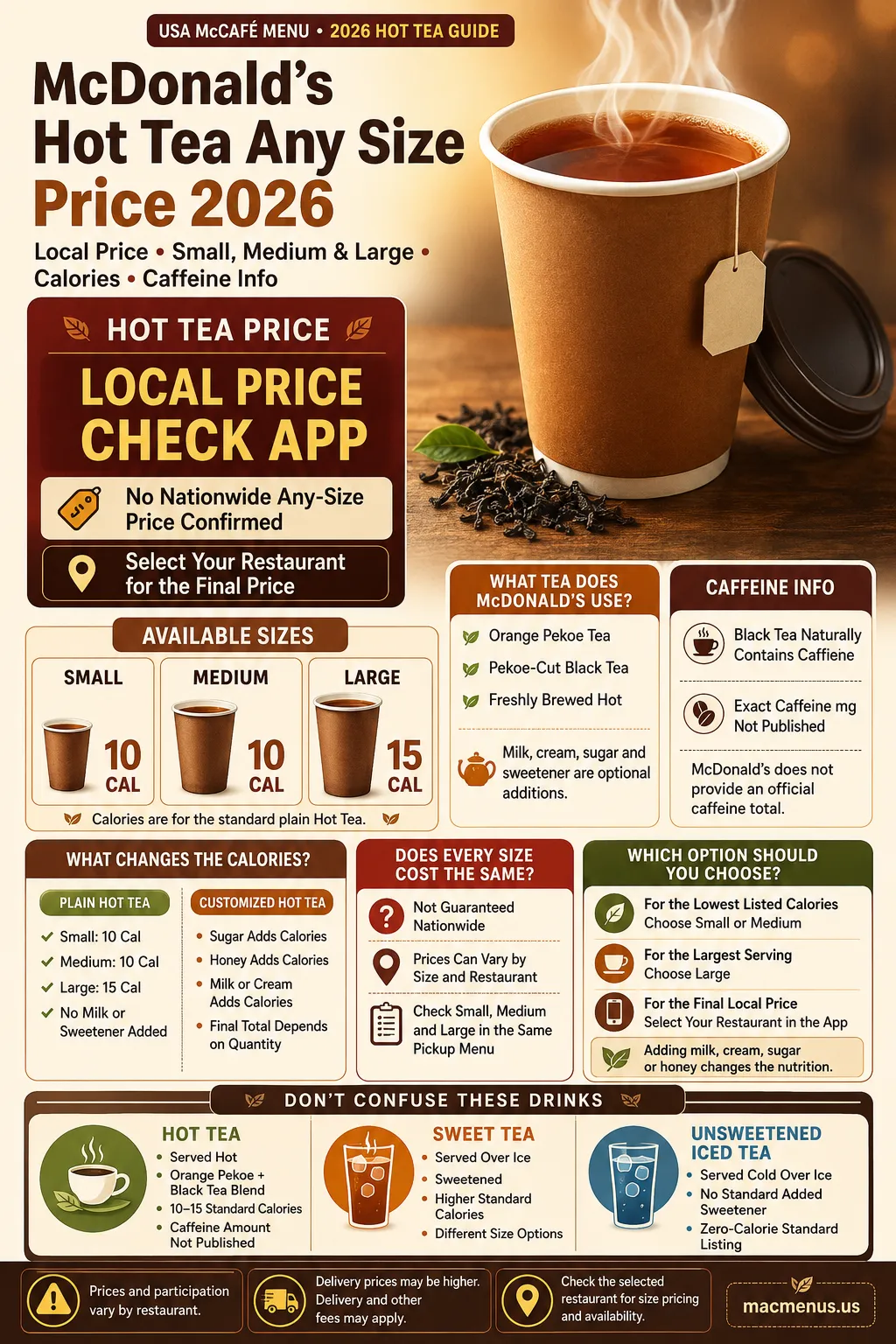 McDonald's Hot Tea price guide showing Small, Medium and Large sizes, calories and caffeine information