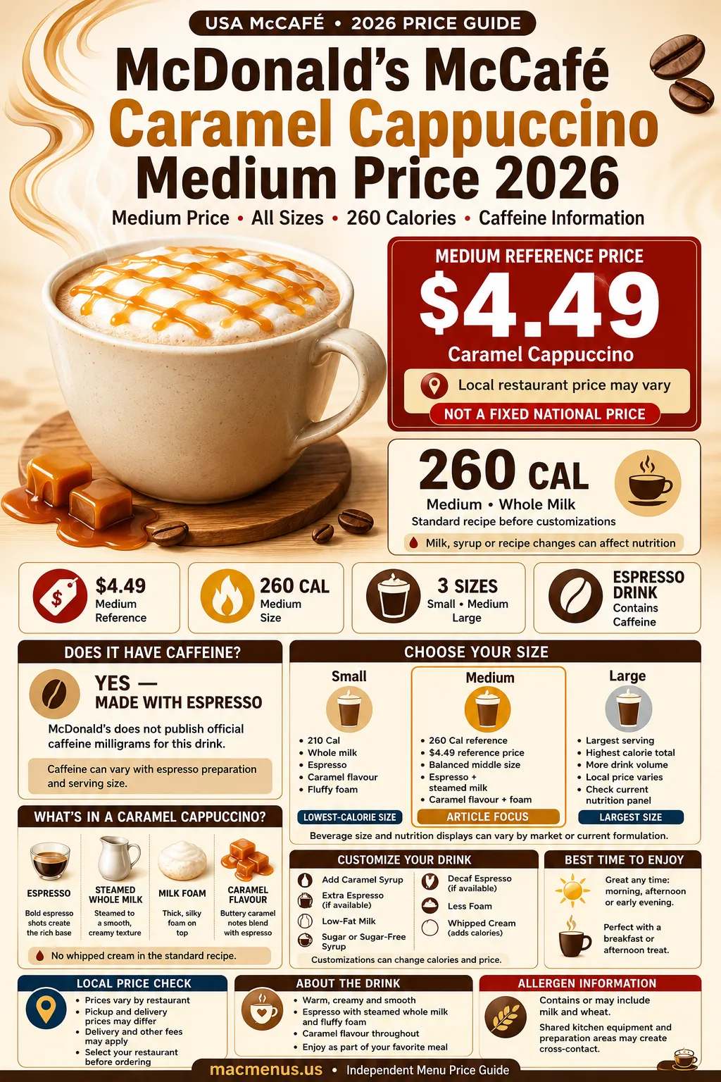 McDonald’s McCafé Caramel Cappuccino medium reference price, 260 calories, sizes and caffeine information for 2026