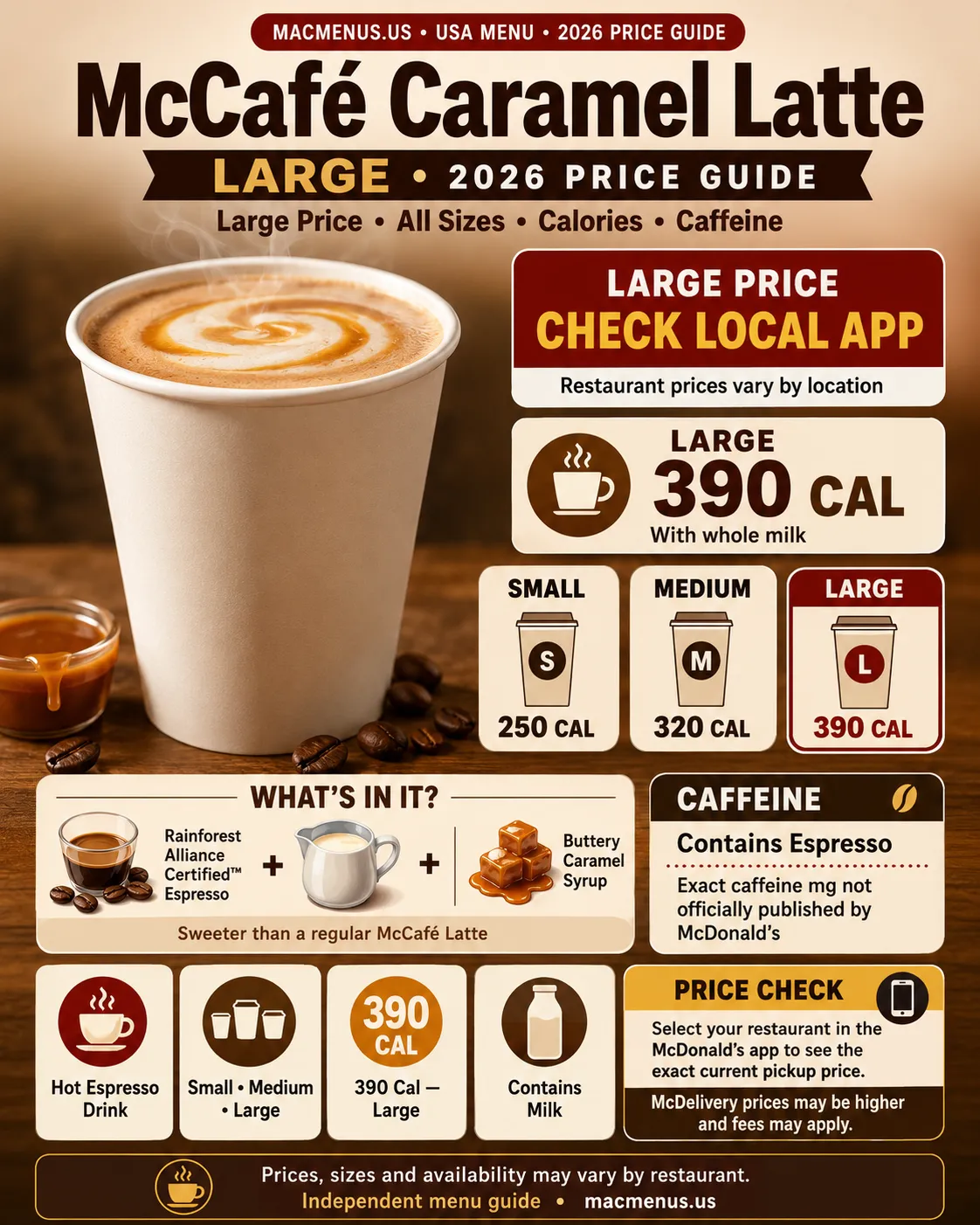 McDonald’s McCafé Caramel Latte large 2026 price guide showing sizes, calories, caffeine guidance and local price-check information