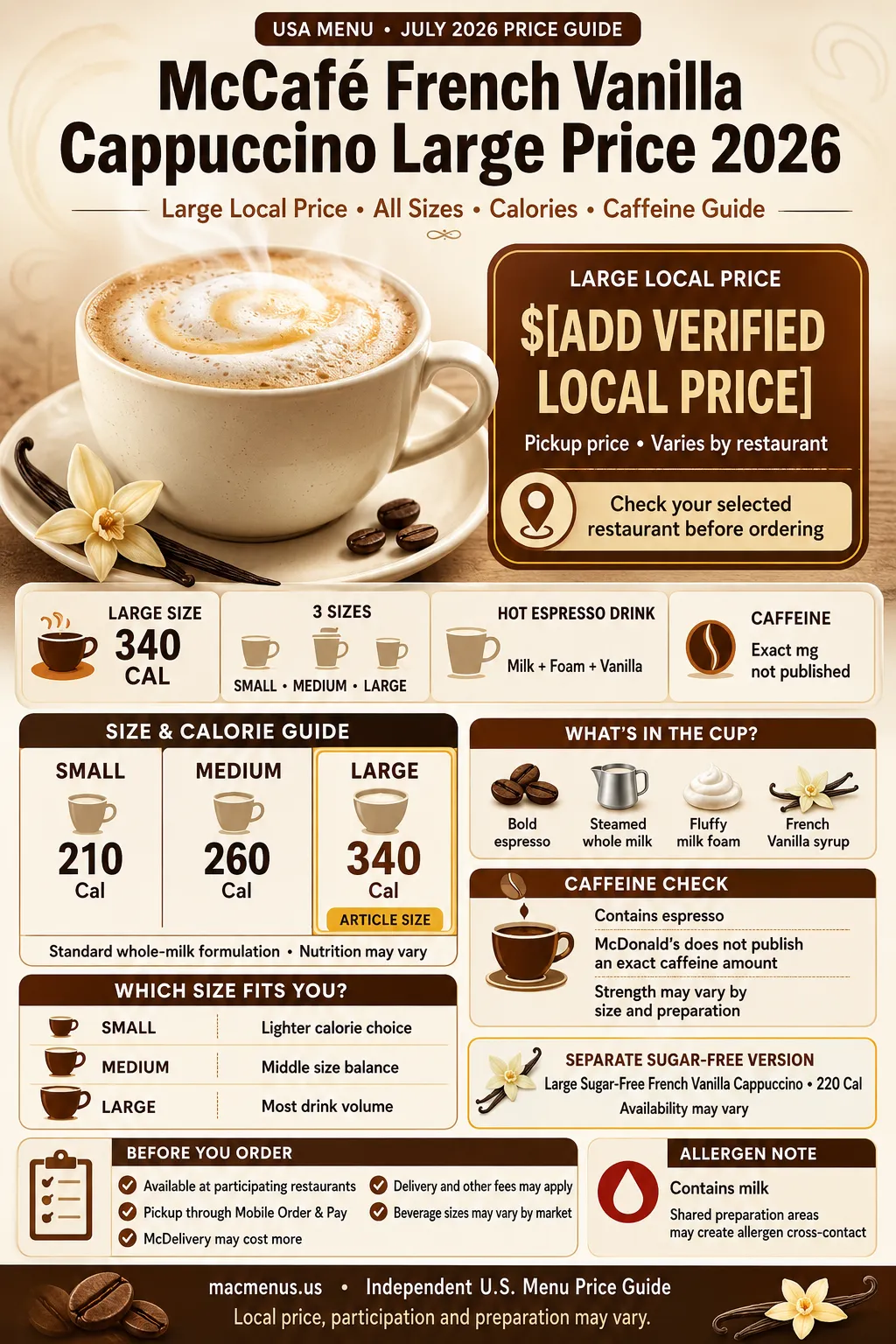 McDonald’s McCafé French Vanilla Cappuccino large price 2026 infographic with small medium and large calories and caffeine information