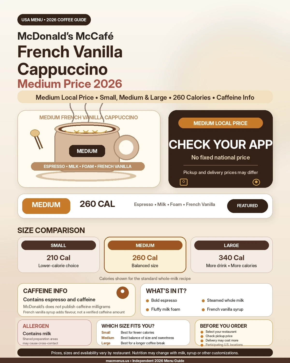 McDonald’s McCafé French Vanilla Cappuccino medium price 2026 infographic with sizes calories and caffeine info