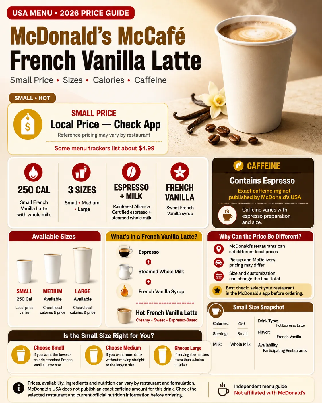 McDonald’s McCafé French Vanilla Latte small price 2026 infographic with sizes, calories and caffeine guide