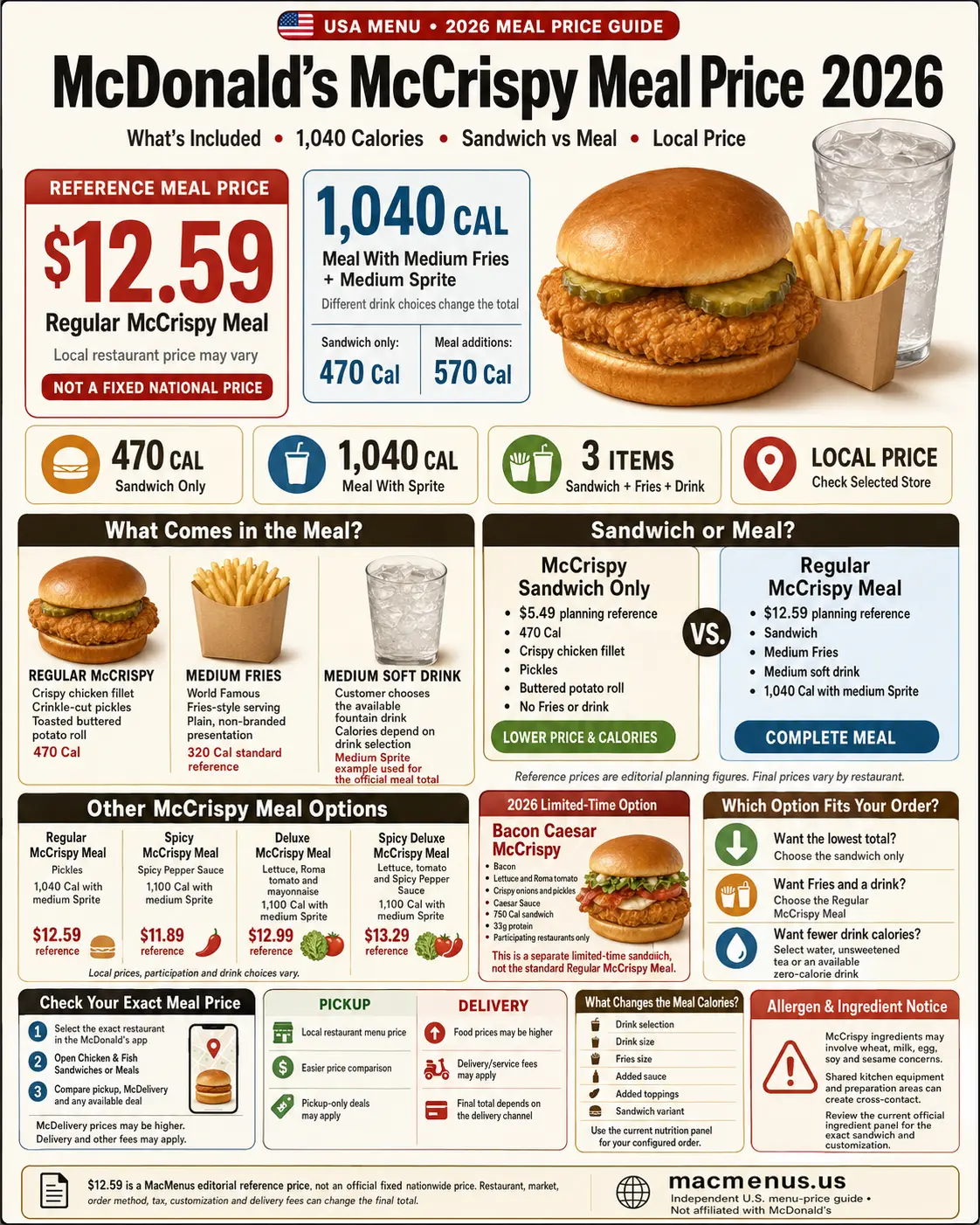 McDonald’s McCrispy Meal reference price, 1,040 calories, sandwich, medium Fries and medium drink for 2026