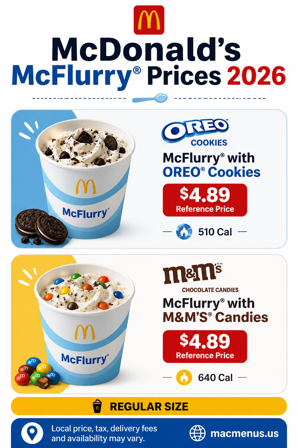 McDonald’s McFlurry prices 2026 comparing OREO and M&M’S Regular McFlurry prices and calories