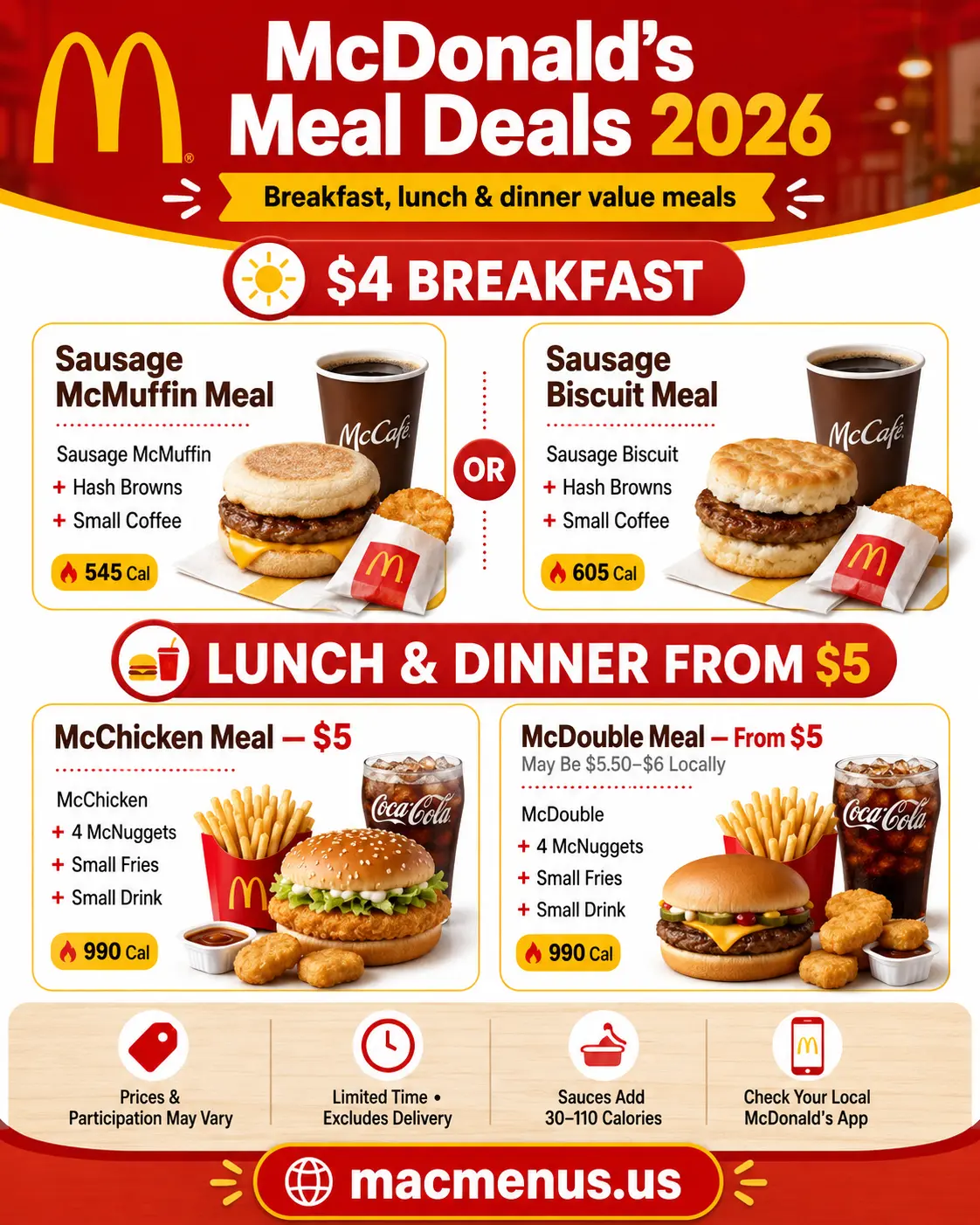 McDonald’s Meal Deals 2026 infographic showing $4 breakfast meal deals and $5 lunch and dinner meal deal options