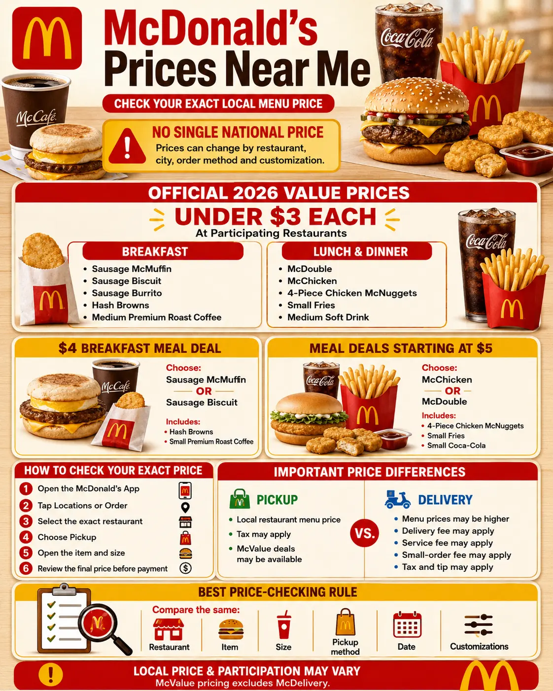 McDonald’s prices near me infographic showing how to check exact local menu prices, McValue items, pickup and delivery differences