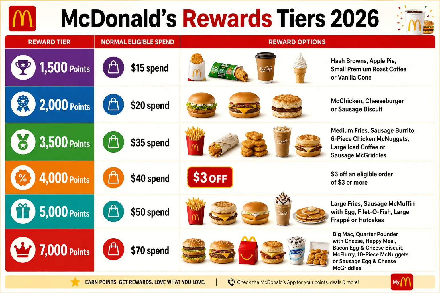 MyMcDonald’s Rewards 2026 tiers from 1,500 to 7,000 points with qualifying spend and reward choices