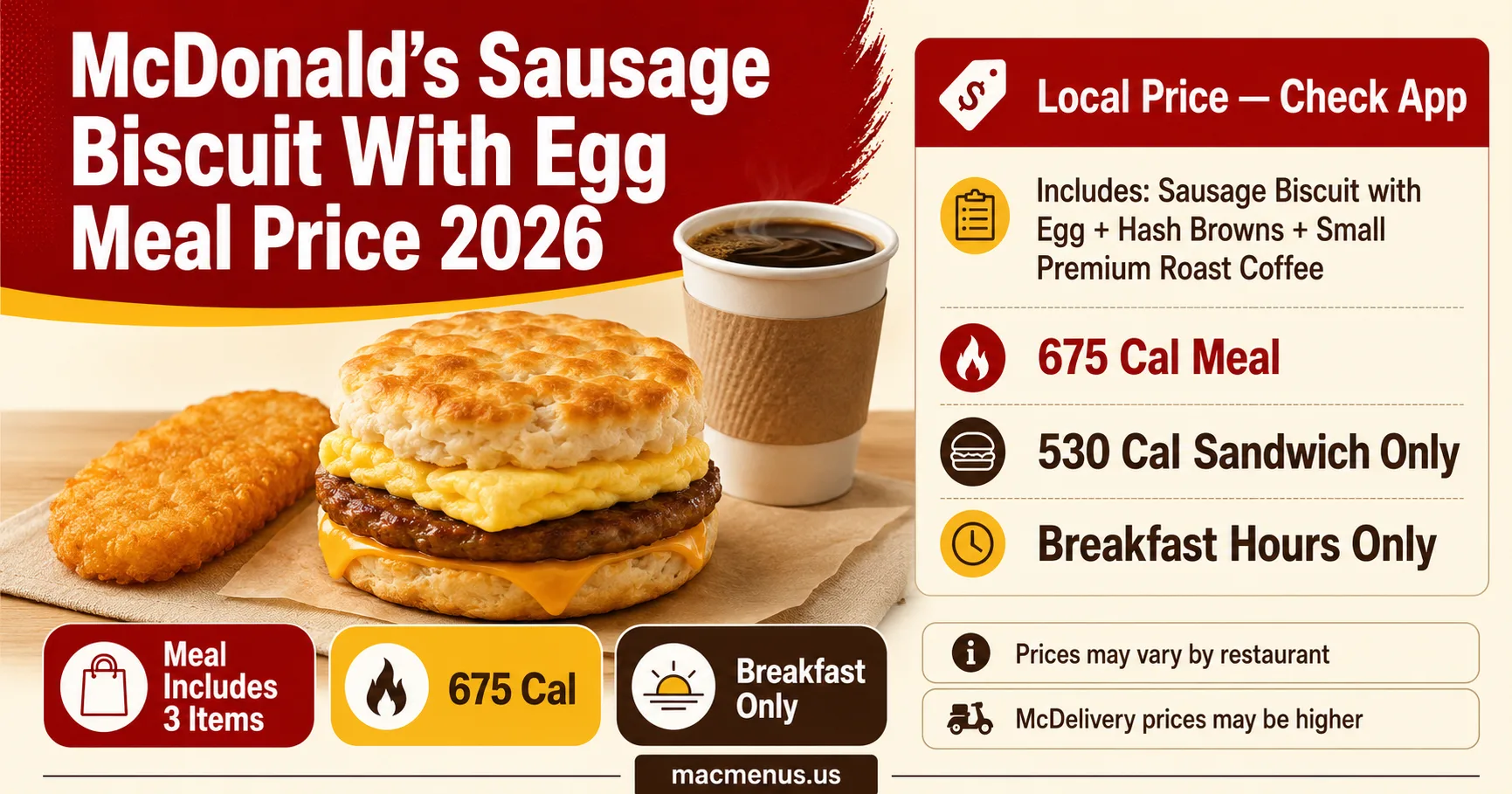 McDonald’s Sausage Biscuit with Egg Meal price 2026 infographic showing Hash Browns small coffee and 675 calories