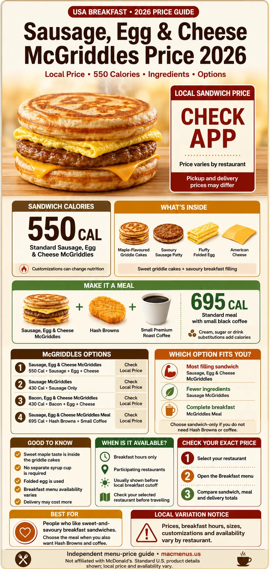 McDonald’s Sausage Egg and Cheese McGriddles price 2026 infographic showing 550 sandwich calories, 695 meal calories and ingredients