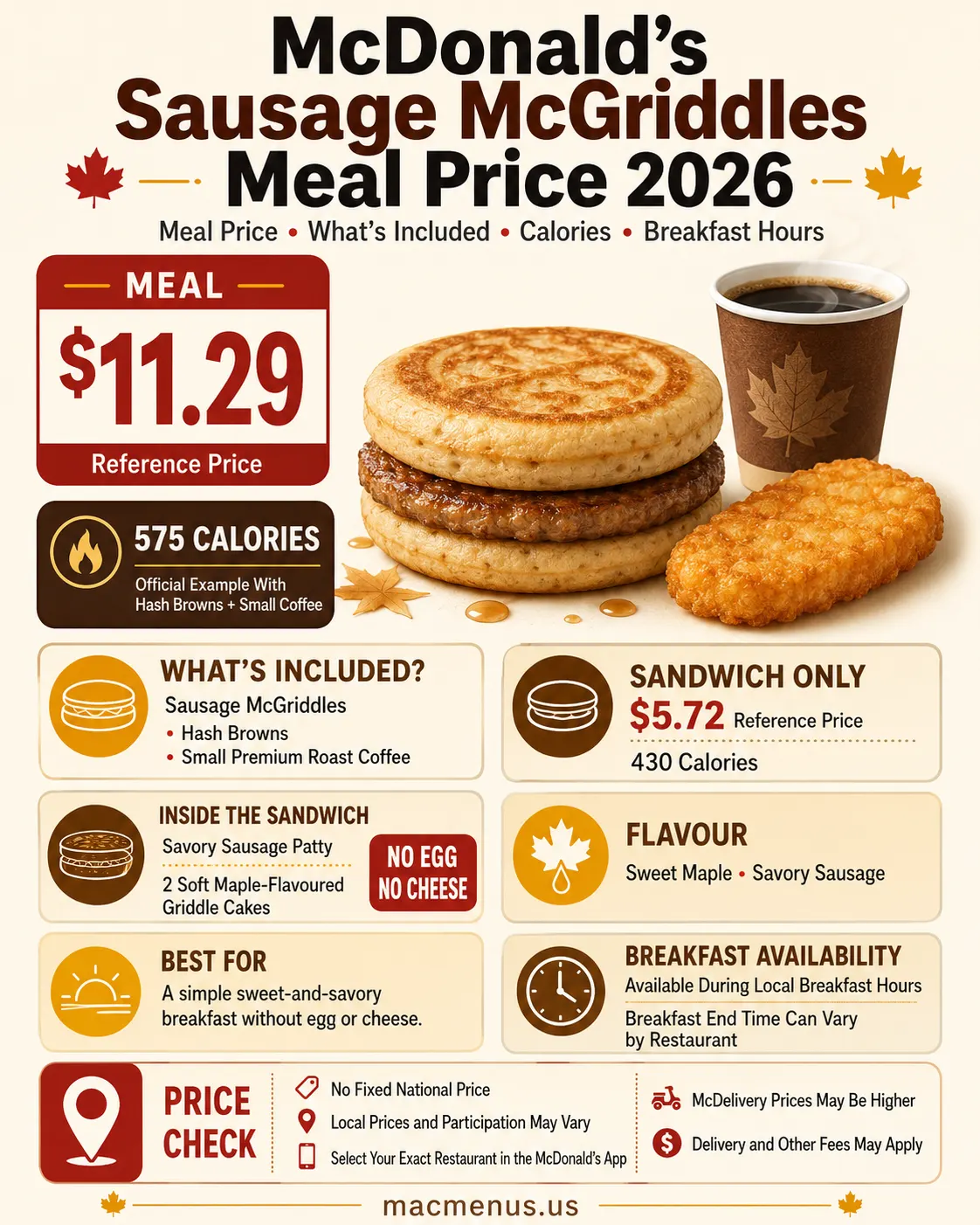 McDonald’s Sausage McGriddles Meal reference price with Hash Browns, small coffee and 575-calorie details