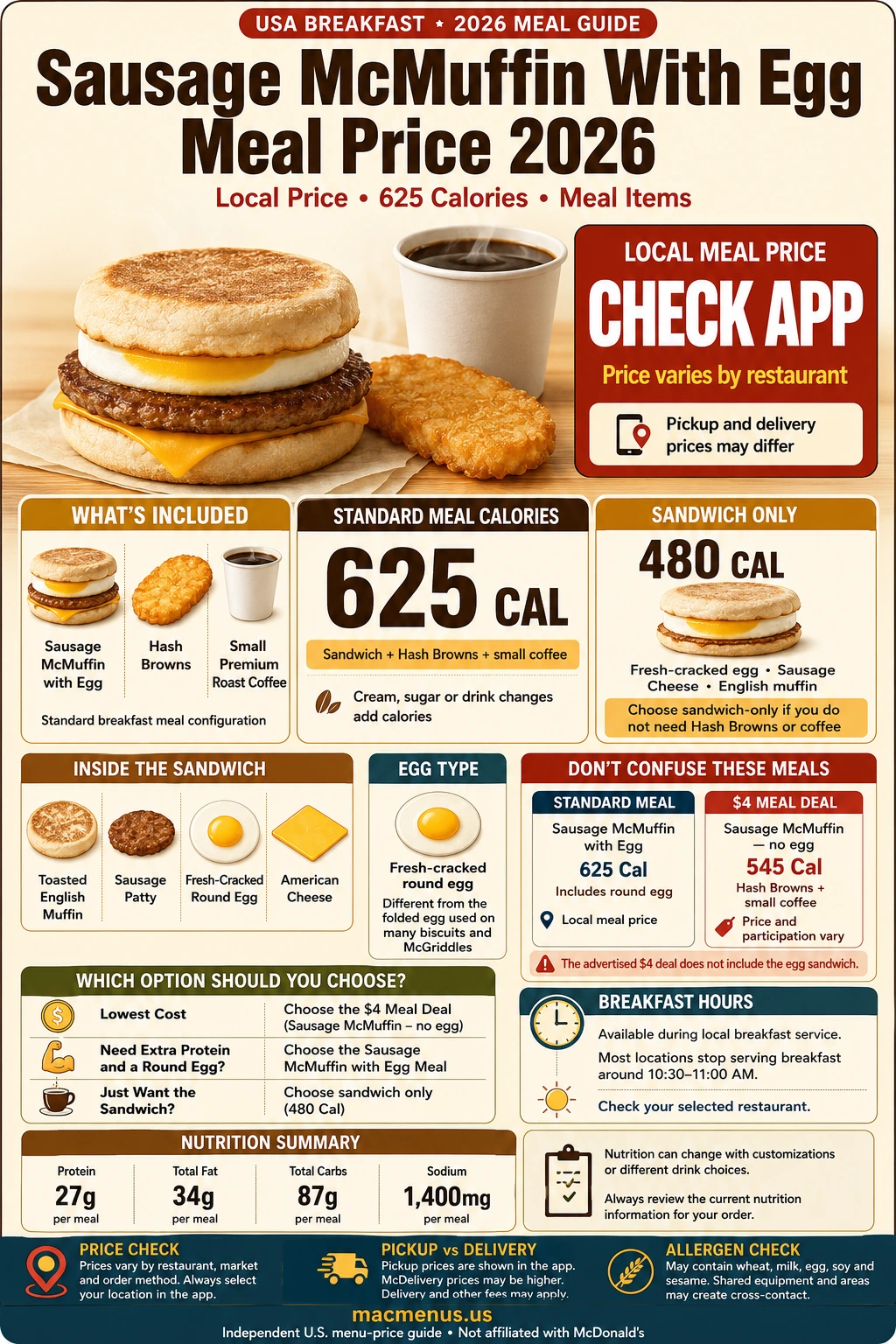 McDonald’s Sausage McMuffin with Egg Meal price 2026 infographic showing the sandwich, Hash Browns, small coffee and 625 calories