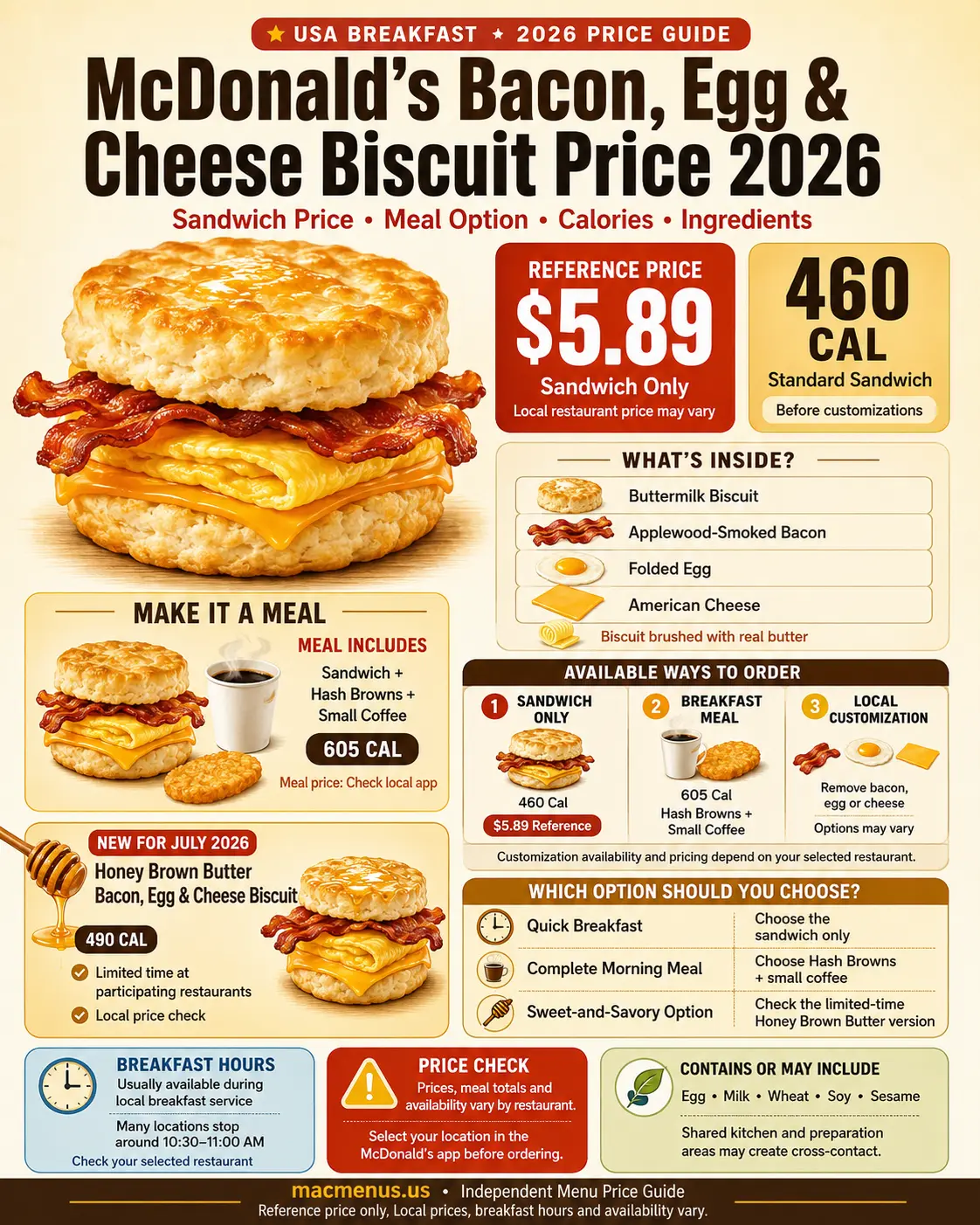 McDonald’s Sausage McMuffin with Egg reference price, 480 calories, ingredients and breakfast meal options for 2026