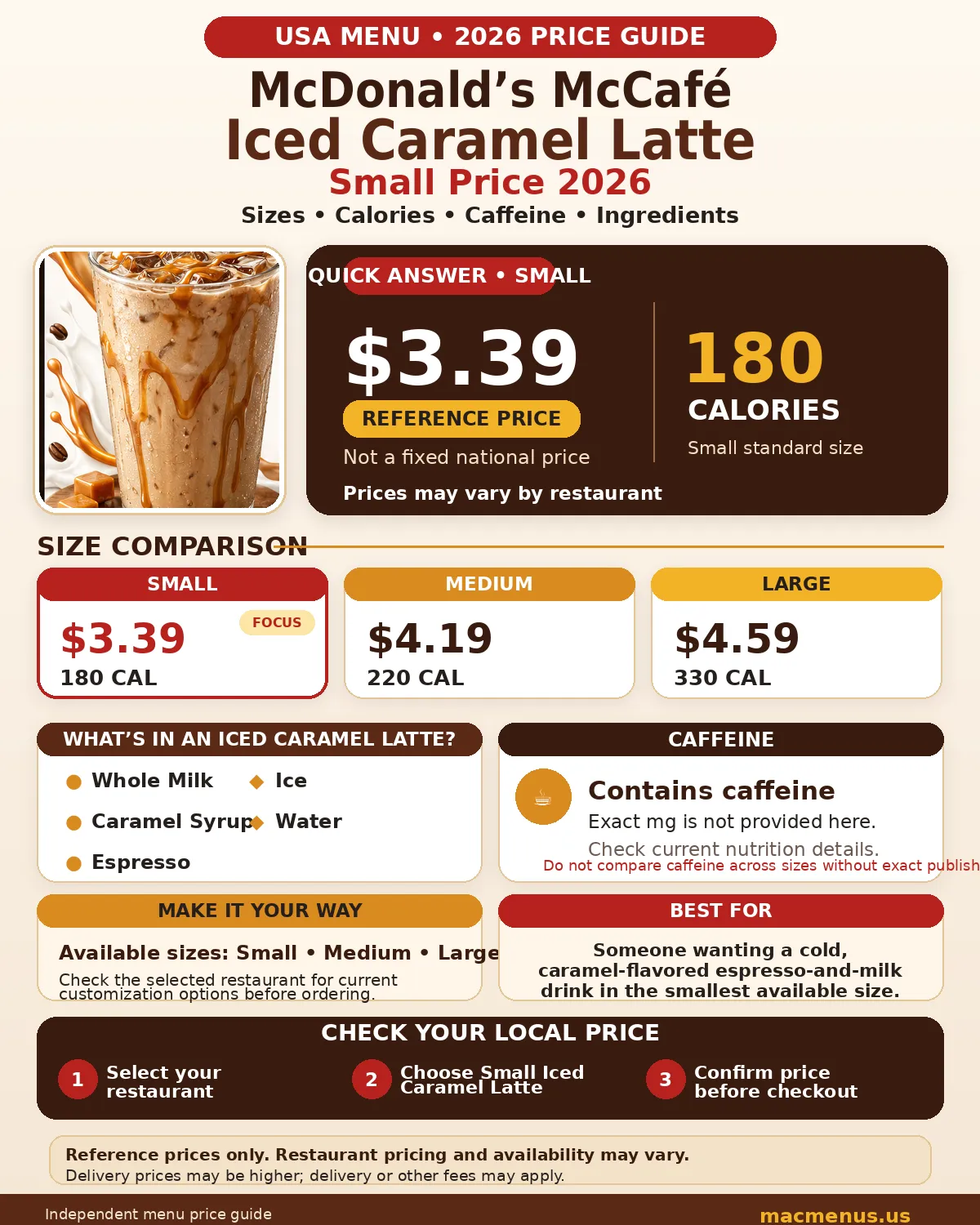 McDonald’s McCafé Iced Caramel Latte Small price 2026 with sizes calories and caffeine guidance