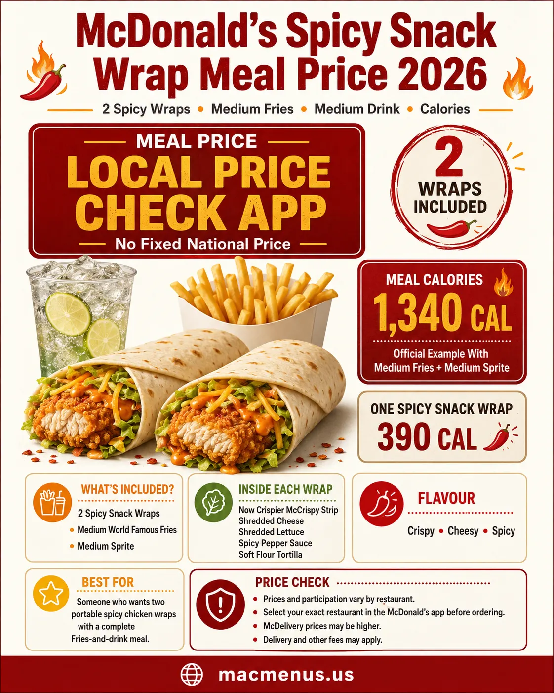 McDonald’s Spicy Snack Wrap Meal with two spicy wraps, medium Fries, medium drink and 1,340-calorie details
