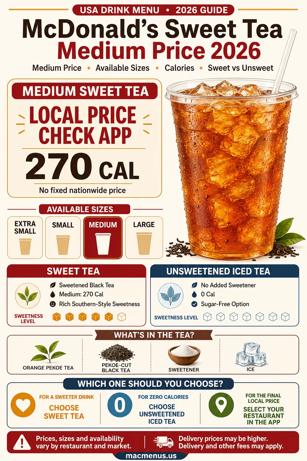 McDonald's Medium Sweet Tea price guide showing four sizes, 270 calories and sweet versus unsweet tea