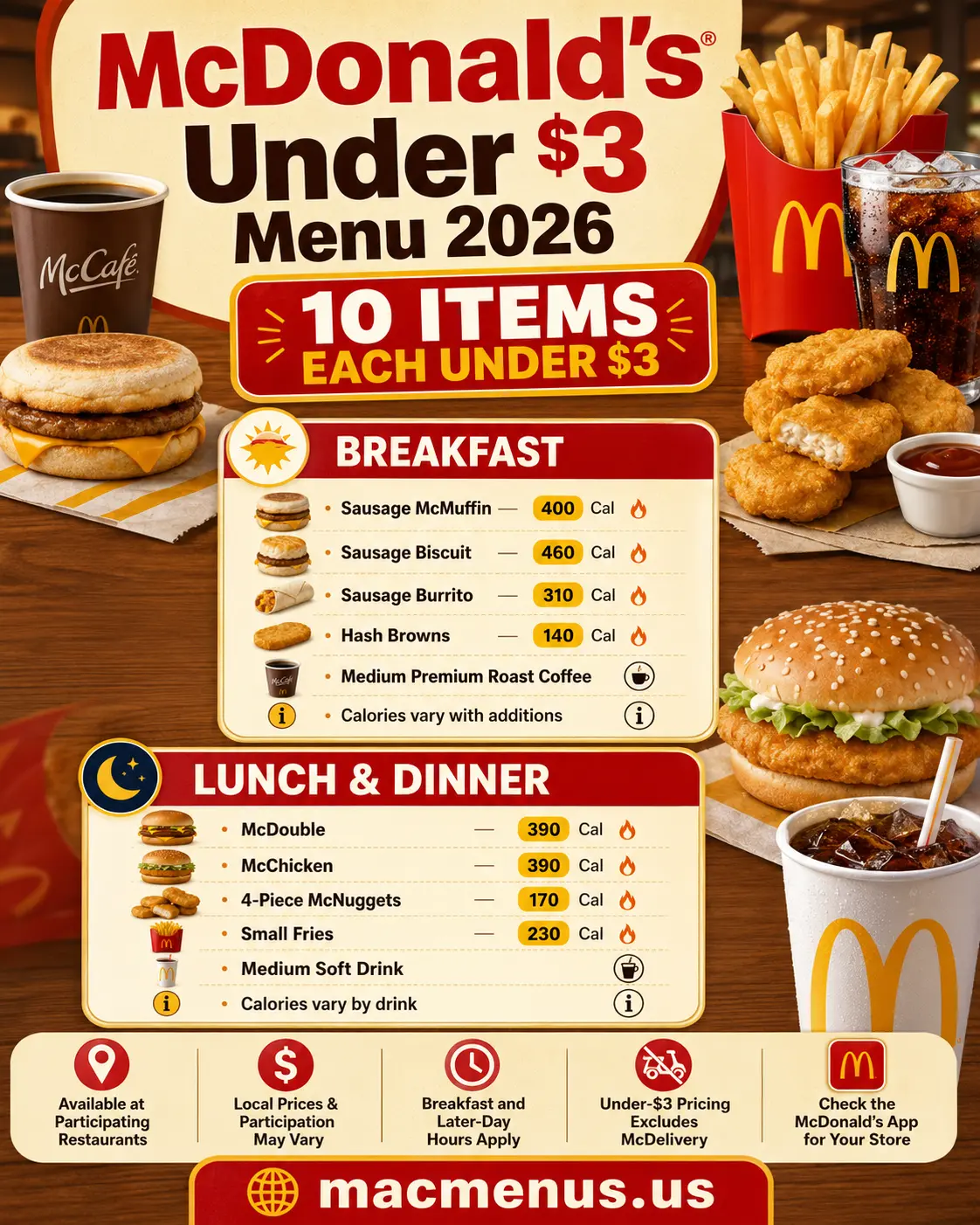 McDonald’s Under $3 Menu 2026 infographic showing the 10 McValue items under $3