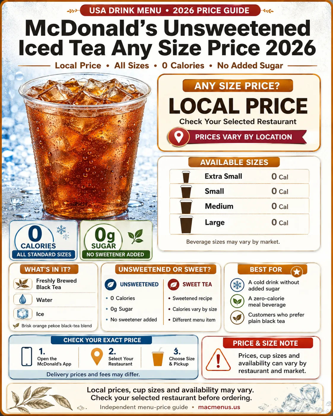 McDonald’s Unsweetened Iced Tea any size price guide showing extra small, small, medium and large sizes with zero calories
