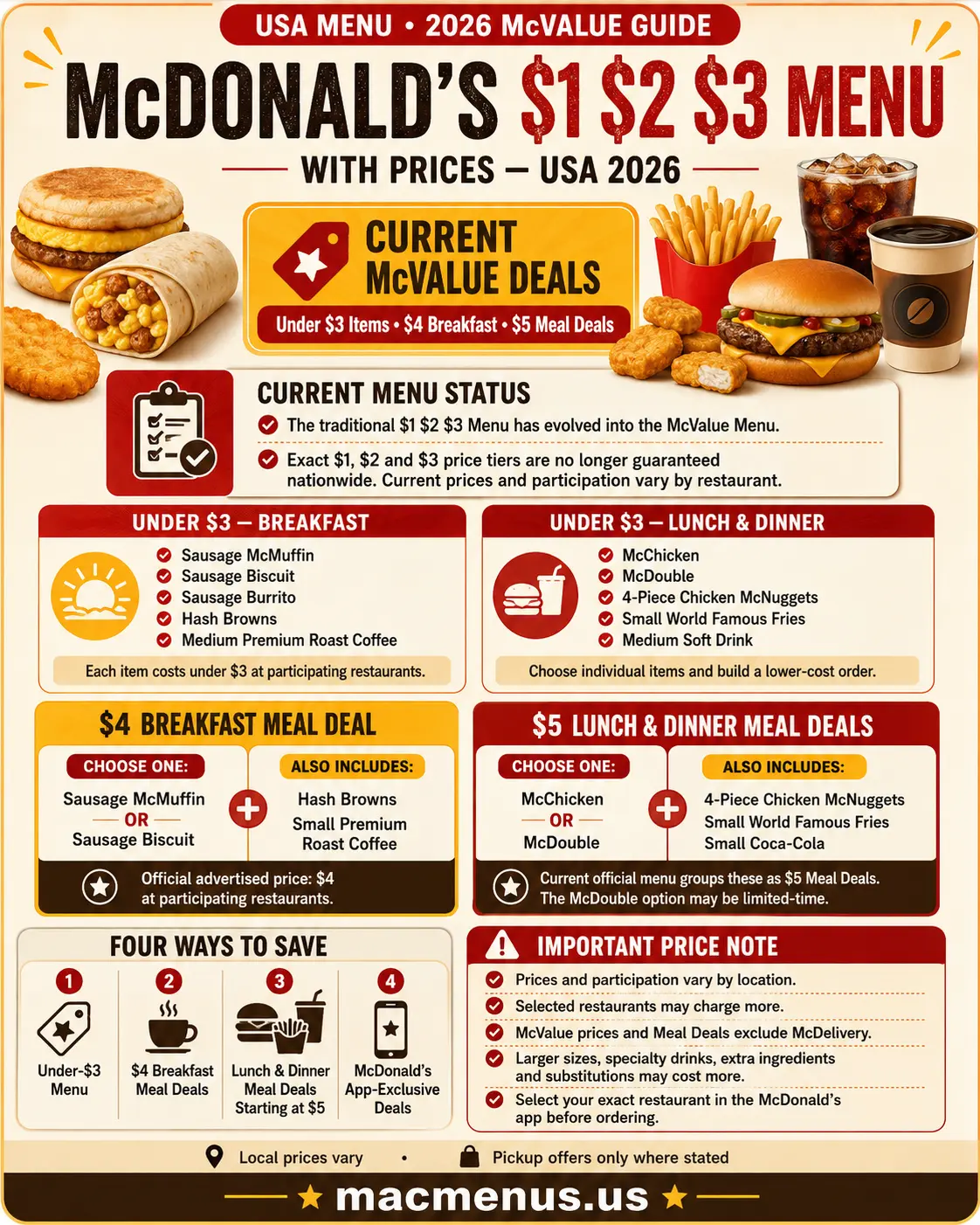 McDonald’s $1 $2 $3 Menu prices 2026 showing Under-$3 items, $4 breakfast deal and McValue meal deals